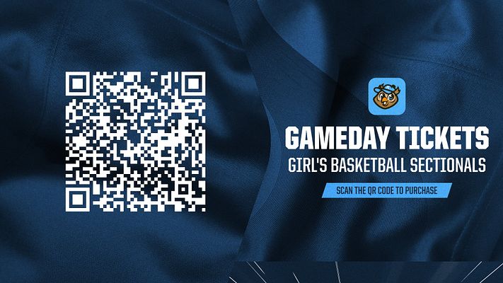 Template with navy jersey mesh background featuring a prominent QR code on the left, text area for 'GAMEDAY TICKETS' and 'GIRL'S BASKETBALL SECTIONALS' on the right, designed for ticket sales.