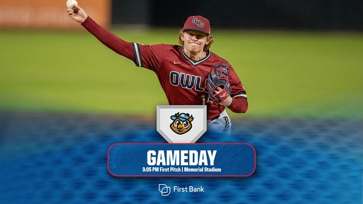 Baseball gameday template featuring a player in action on the left, with a blue gradient background. Text area below displays event details and a logo.