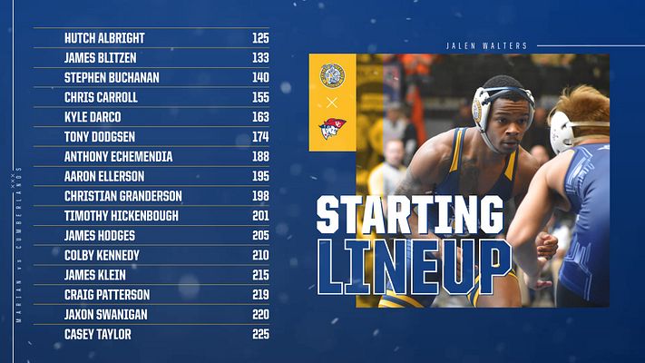 Wrestling lineup template with dark blue background featuring up to 16 player names and weights in left column, large action photo on right side, team logos, and bold 'STARTING LINEUP' text. Exports to landscape, square, and story formats.