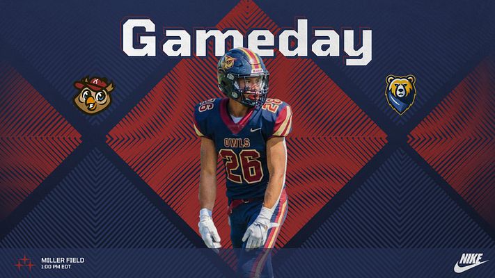 Multi-format gameday template with dark blue and red geometric chevron background, centered player cutout in athletic uniform, team logo placements on sides, white GAMEDAY title at top, venue and time info at bottom left, and Nike branding