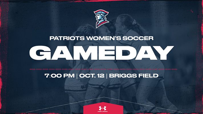 Game day template with dark blue background, team logo at top, large text, game details below including time and location, faded team photo in background, red accent lines and shimmer effects, landscape format for social media