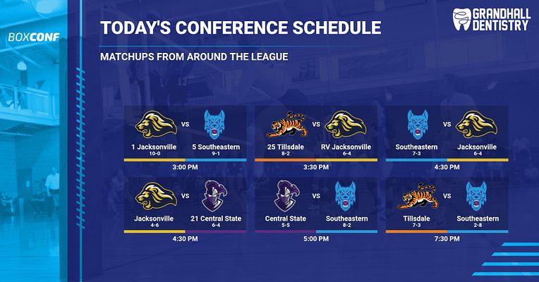 Conference schedule template with dark blue background featuring grid layout of multiple matchups. Each matchup displays team logos, names, and game times. Header reads 'Today's Conference Schedule' with sponsor logo in top right. Blue geometric elements and gradient on left side.