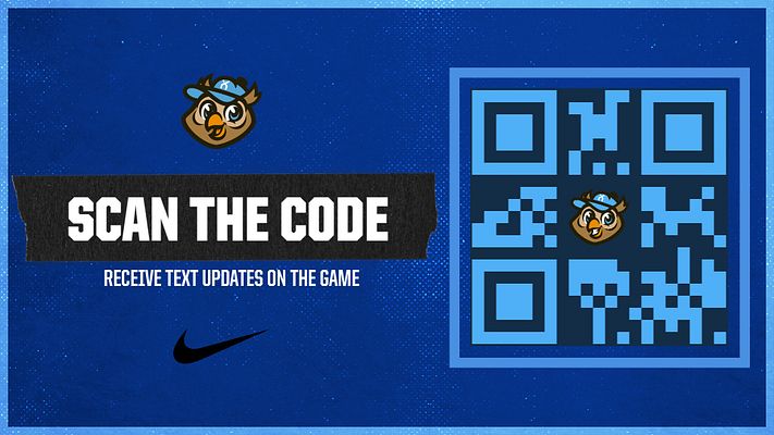 Red QR code template featuring a large QR code on the right, bold black text urging to 'Scan the Code', and school logo at the top. Designed for game updates.