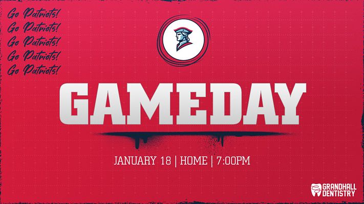 Social media graphic template with a bold red background, central 'GAMEDAY' text, and a circular team logo above. Includes date, location, and time at the bottom.