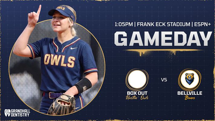 Game day template with blue and gold color scheme, featuring a player photo in a circular cutout, large 'GAMEDAY' text, team logos, and game details laid out thoughtfully.