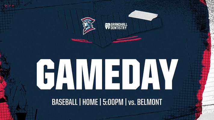 Gameday template with dark blue textured background, red accent elements, team logo upper left, large white "GAMEDAY" headline, and subtitle showing game details like sport, location, time, and opponent.