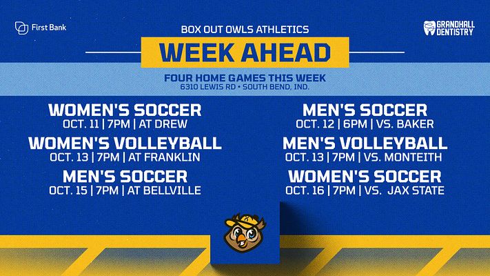 Multi-format game day schedule template with deep blue background, gold accents, and two-column layout listing upcoming sports events with dates, times, and locations. Features team logo, sponsor areas, and school branding for athletic event promotion across social media platforms.