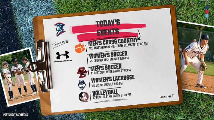 Clipboard-style gameday template with multiple sports event listings, featuring team logos, sport names, opponent details, and game times. Includes landscape and portrait format options for social media sharing.