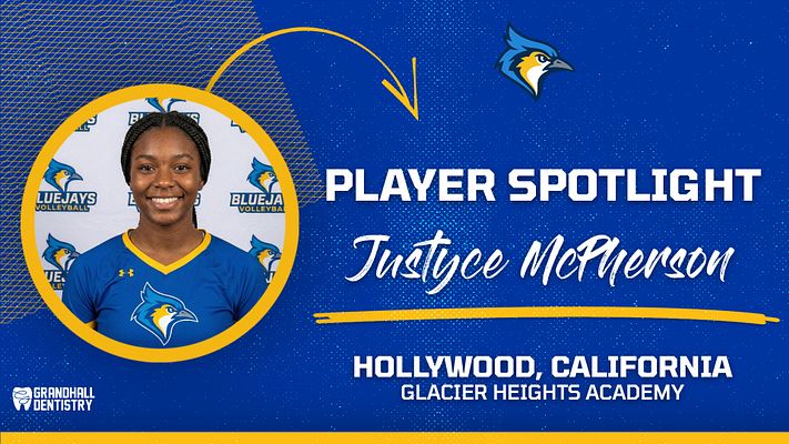 Player spotlight template featuring a circular photo area on the left, bold text for player name and title, with location and school details below. Blue and gold color scheme.