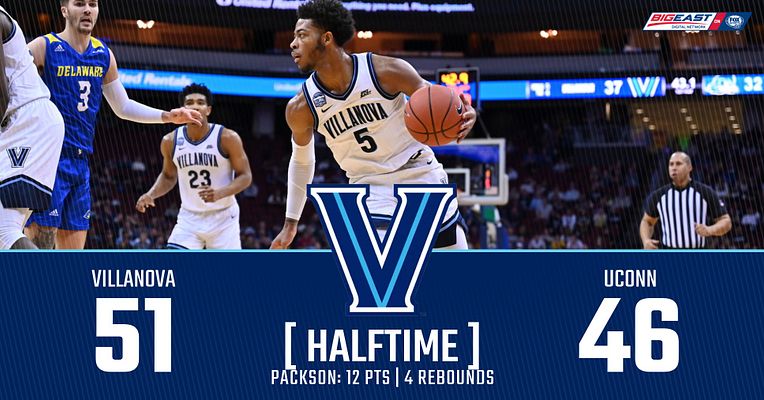 Score update template with blue background, featuring team logos and scores for Villanova and UConn, halftime indicator, and player statistics below.