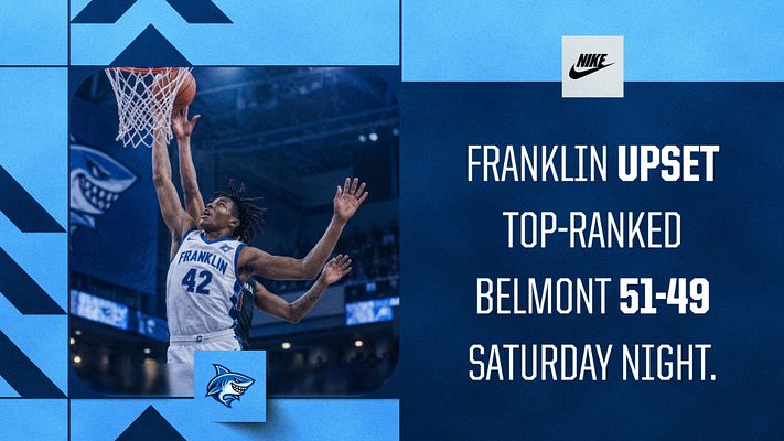 Basketball photo-and-text template with a player portrait on the left, bold headline space on a navy panel at right, and team logo accents in blue.