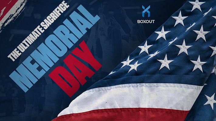 Holiday template for Memorial Day featuring a dark blue background, large text overlay with 'MEMORIAL DAY', and an American flag draped across the bottom right corner.