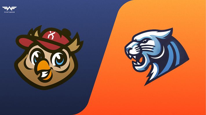 Logo Matchup template with split-screen design: blue section on left with team logo, red section on right with opposing team logo, creating a versus layout. Available in landscape, Instagram 4:5, and Story formats.