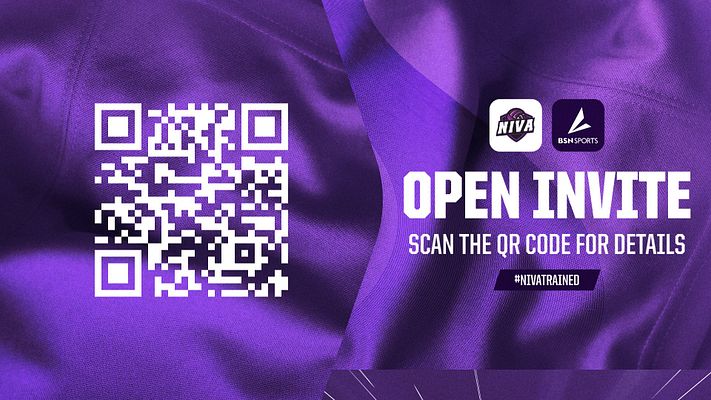 Premium club graphics template featuring QR code on left side with purple mesh jersey background texture. Right side displays 'OPEN INVITE' headline, call-to-action text about scanning QR code, and club logos at top. Available in landscape and portrait formats.
