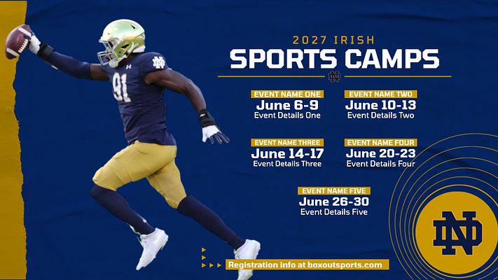 Camp promotion template featuring a dynamic athlete image in action on the left, with event details in bright yellow boxes on a blue background, and a logo in the lower right corner.