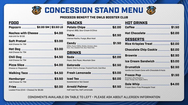 Landscape concessions display template featuring a blue background, divided sections for food, snacks, drinks, and desserts, with a logo at the top and prices listed clearly.