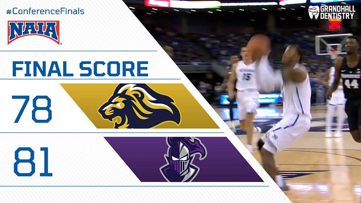 Conference Finals score template with diagonal split layout: white left side with NAIA logo and text areas for game details, right side featuring live basketball action photo with crowd and sponsor logo in corner