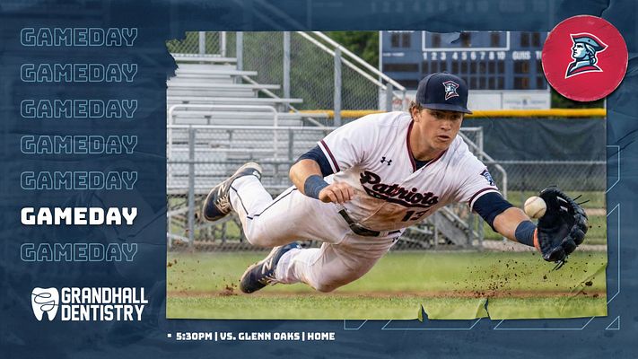 Multi-format feature title template with dark blue background, large photo area showing baseball player in action, repeating 'GAMEDAY' text on left, team logo in circular badge, sponsor logo placement at bottom, and event details banner