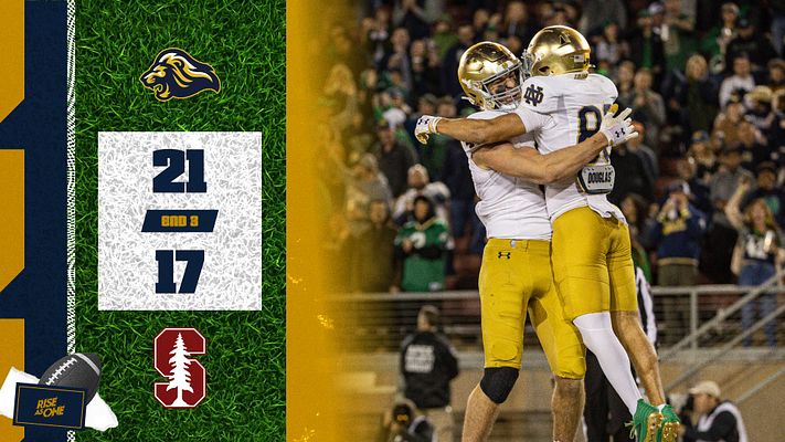Football score update template with gold and navy color scheme, featuring team logo on left side, large score display, and action photo of celebrating players on right, designed for landscape and portrait social media formats