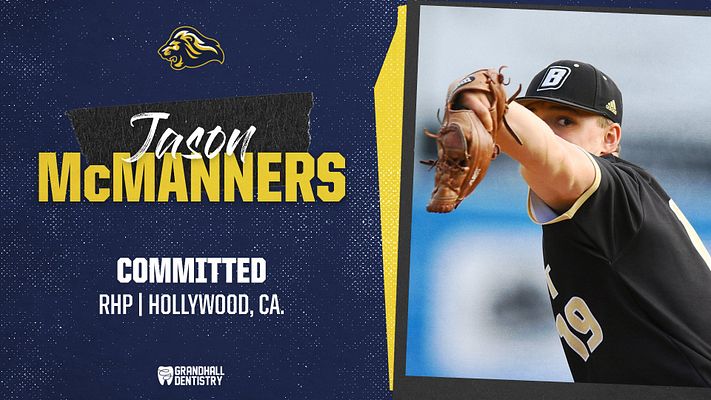 Versatile recruiting template with a dark blue background, featuring a large player photo on the right, bold name in cursive and block text, and commitment details on the left.