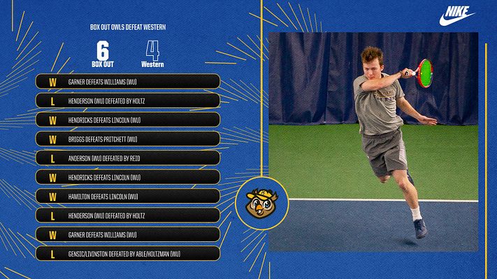 Tennis team individual scoring template with deep blue background, gold geometric accents, and right-aligned player photo area. Left side displays match results with winner/loser indicators and opponent names. Top section shows team score and location. Includes team logo, multiple format options for social media sharing.