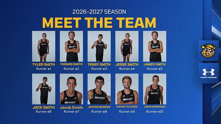 Photo roster template featuring eight runner headshots arranged in a grid, bold yellow 'MEET THE TEAM' title at the top, and logos in the bottom corner. Designed for player spotlight.