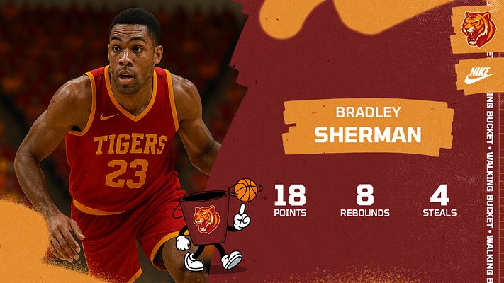 Basketball player stat template with burgundy and gold color scheme featuring large player photo on left, gold highlighter-style name banner, and white stat blocks displaying points, rebounds, and steals. Team logo and sponsor placement on right side.