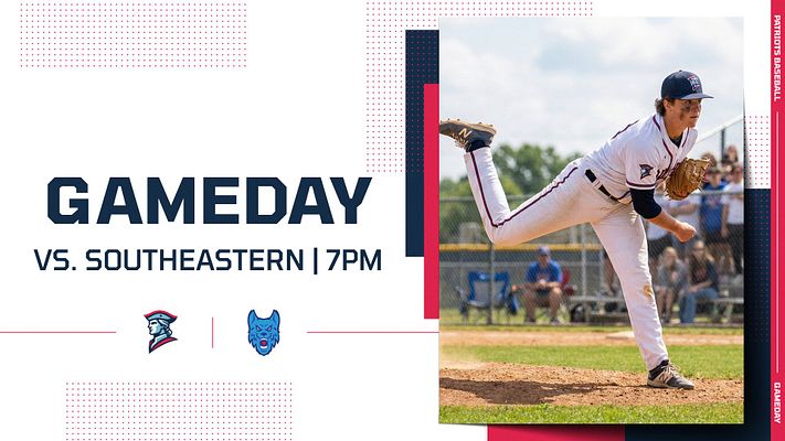 Classic gameday template with dark navy and red accent bars, large 'GAMEDAY' title on left, opponent and time details below, and full-width player action photo on right with team logos displayed