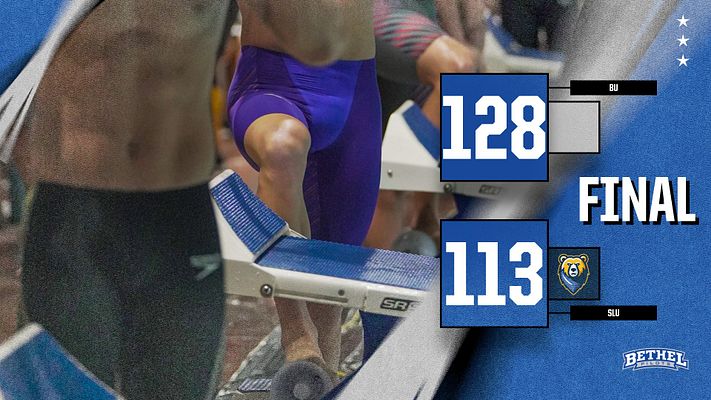 Swimming score template with a blue and gray background, featuring large score boxes for teams on the right side, action photos of swimmers on the left, and 'FINAL' text prominently displayed.