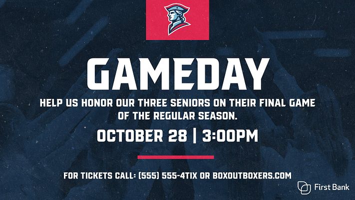 Game day promotional template with a bold layout, featuring large 'GAMEDAY' text, event details below, and a team logo at the top. Designed for announcements and ticket promotions.