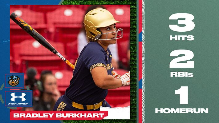 Baseball/softball player stats template with large player photo on left in batting stance, red stadium background, team logo, player name banner, and key statistics on right side with green field-themed background showing hits, RBIs, and home runs.
