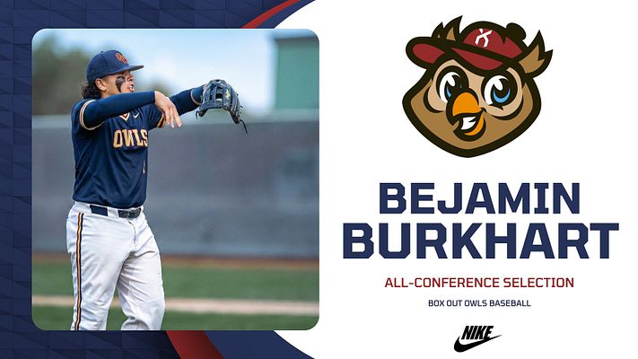 Announcement template featuring a left photo area with an athlete, a large text area for the name and title on the right, with an owl mascot logo and Nike branding at the bottom.