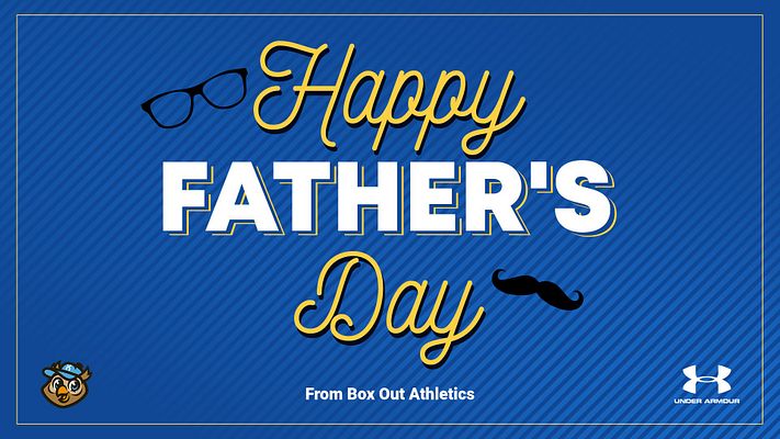 Father's Day graphic with a light blue background, bold text saying 'Happy Father's Day' in yellow and white, playful glasses and mustache icons, and branding from Box Out Athletics.