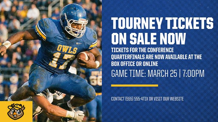 Game day ticket promotion template with basketball image on left, dark purple right section featuring bold white text for event title, game details, and contact information. Includes team logo placement and decorative stripe accent.