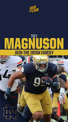 Player phone lockscreen template featuring portrait orientation with dark navy background, player photo in football uniform centered, yellow accent bar with player name and recruitment messaging, Notre Dame branding and logo, designed for recruiting and signing day announcements