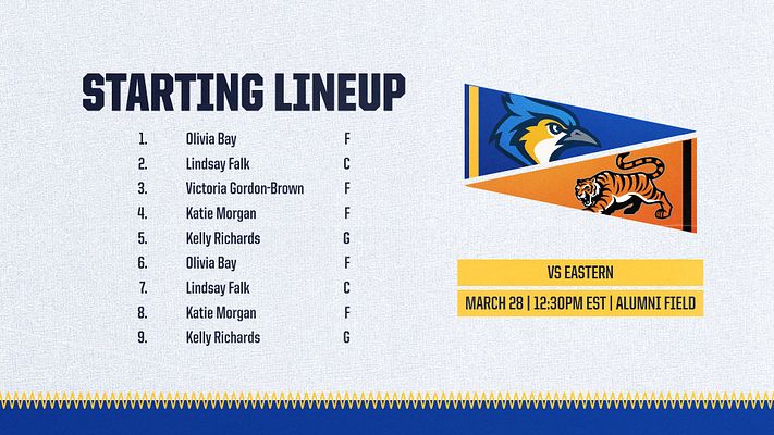 Lineup template with cream textured background, numbered player roster with names and positions on left, team mascot pennant graphic on right, and game details banner showing date, time, and location at bottom