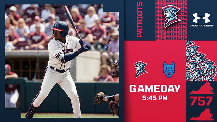 Gameday template with a large player photo on the left, team logos on the right, and bold text for game time. Features a dark navy and red color scheme.