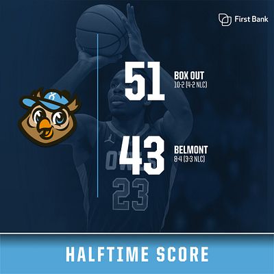Square score update template with dark blue background, basketball player silhouette, team logo on left, large score numbers with team names and records, and blue halftime score banner at bottom for social media sharing
