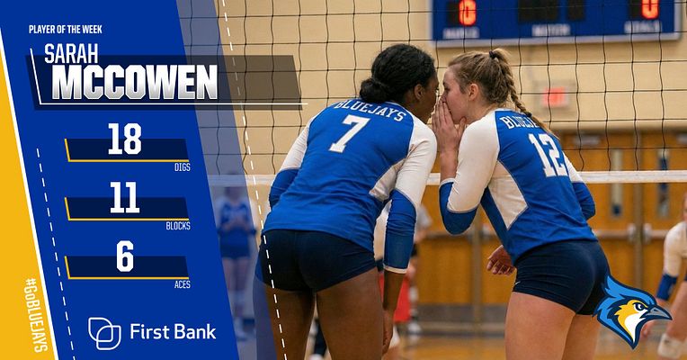 Player spotlight template with blue and gold color scheme featuring player photo on right, left sidebar with player name, number, and statistics, sponsor logo area, and 'Player of the Week' header for volleyball or sports recognition graphics.