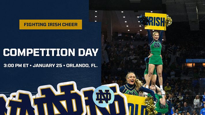 Cheerleading template featuring a blue and gold color scheme, large team logo and title, photo area with cheerleaders performing, and space for event details on the bottom.