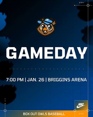Portrait motion template for Instagram with dark blue background, team mascot logo at top, large bold GAMEDAY headline, game time and location details in middle, and branded footer area with team name and sponsor logo