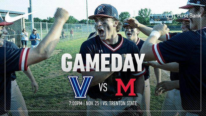 Gameday template with basketball court background image, diagonal stripe overlay, large 'GAMEDAY' text in center, team logos and 'VS' matchup below, and event details at bottom. Includes sponsor logo in upper right and team logos on left. Designed for social media sharing.