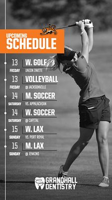 Vertical schedule template with a black and white athlete photo on the left, bright orange header for 'Upcoming Schedule', listing game details on the right, and a logo at the bottom.