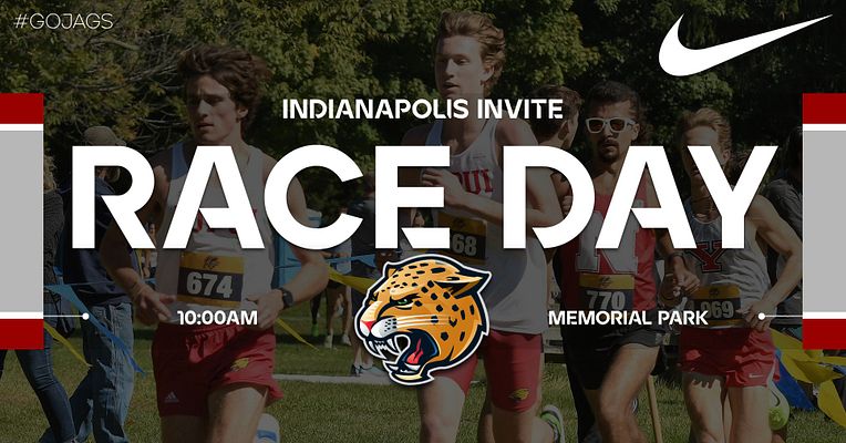 Race day template with landscape layout featuring runners photo background, large white RACE DAY text, team logo centerpiece, event details including time and location, red accent bars on sides, and Nike branding in top right corner