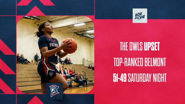 Game day template with navy and red geometric accents, rounded photo of a player passing a basketball on left, and bold white headline text on red panel at right.