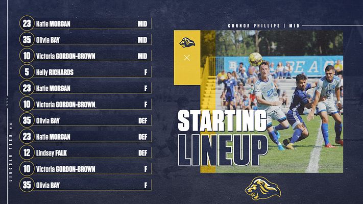 Multi-format lineup template showcasing player names and positions in a vertical list. Features a prominent photo area for team action and a bold 'STARTING LINEUP' title. Dark background with team colors.