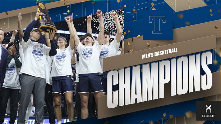 Championship template featuring celebration photo with team raising trophy, bold 'CHAMPIONS' text in silver, and blue background with confetti elements, ideal for social media graphics.
