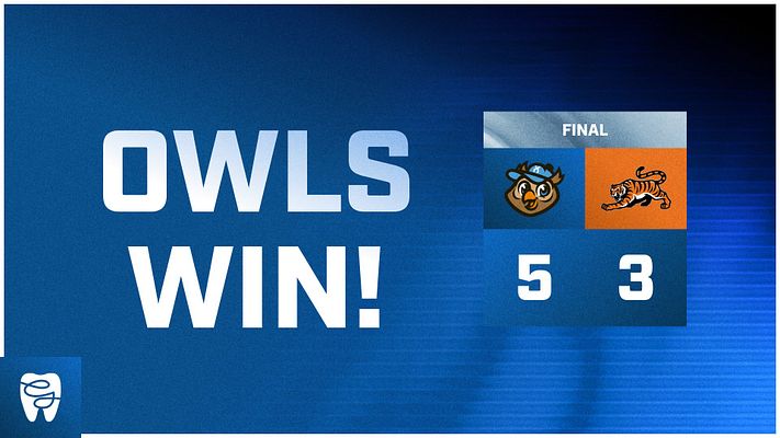 Score update template with a gradient blue background, large text area for 'OWLS WIN!', and score boxes for competitor teams on the right. Designed for social media sharing.