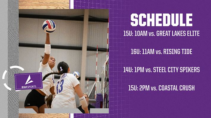 Schedule template featuring a dynamic volleyball action shot on the left, with purple and grey background, large title area on the right for game timings and opponents.