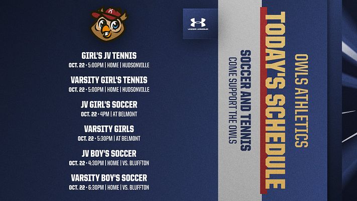 Event schedule template with dark blue background, team logo in upper left, event listings on left side showing dates and times, and vertical gold text on right side reading 'The Necchs Save' with 'Supporter' text below. Multi-format design for social media sharing.